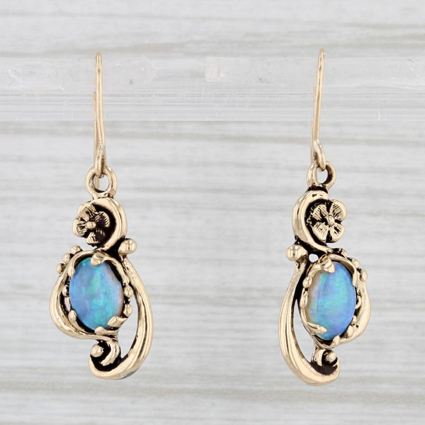 Light Gray Vintage Floral Blue Opal Dangle Earrings 14k Yellow Gold Hook Posts