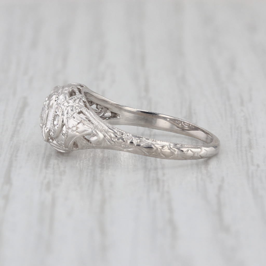 Art Deco 0.23ctw Diamond Engagement Ring 18k White Gold Filigree Size 6.5