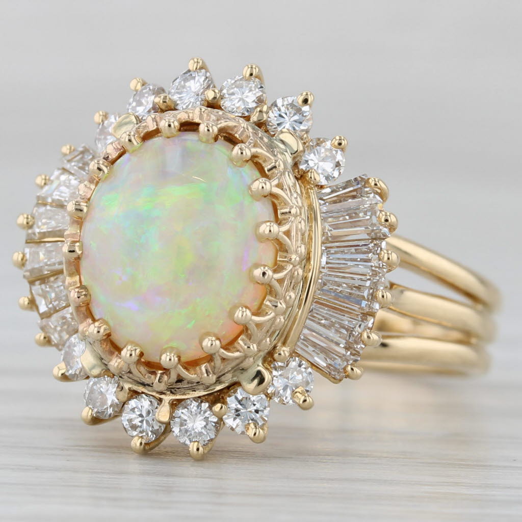 Gray Vintage Colorful Opal 0.94ctw Diamond Halo Ring 18k Gold Cocktail Size 7