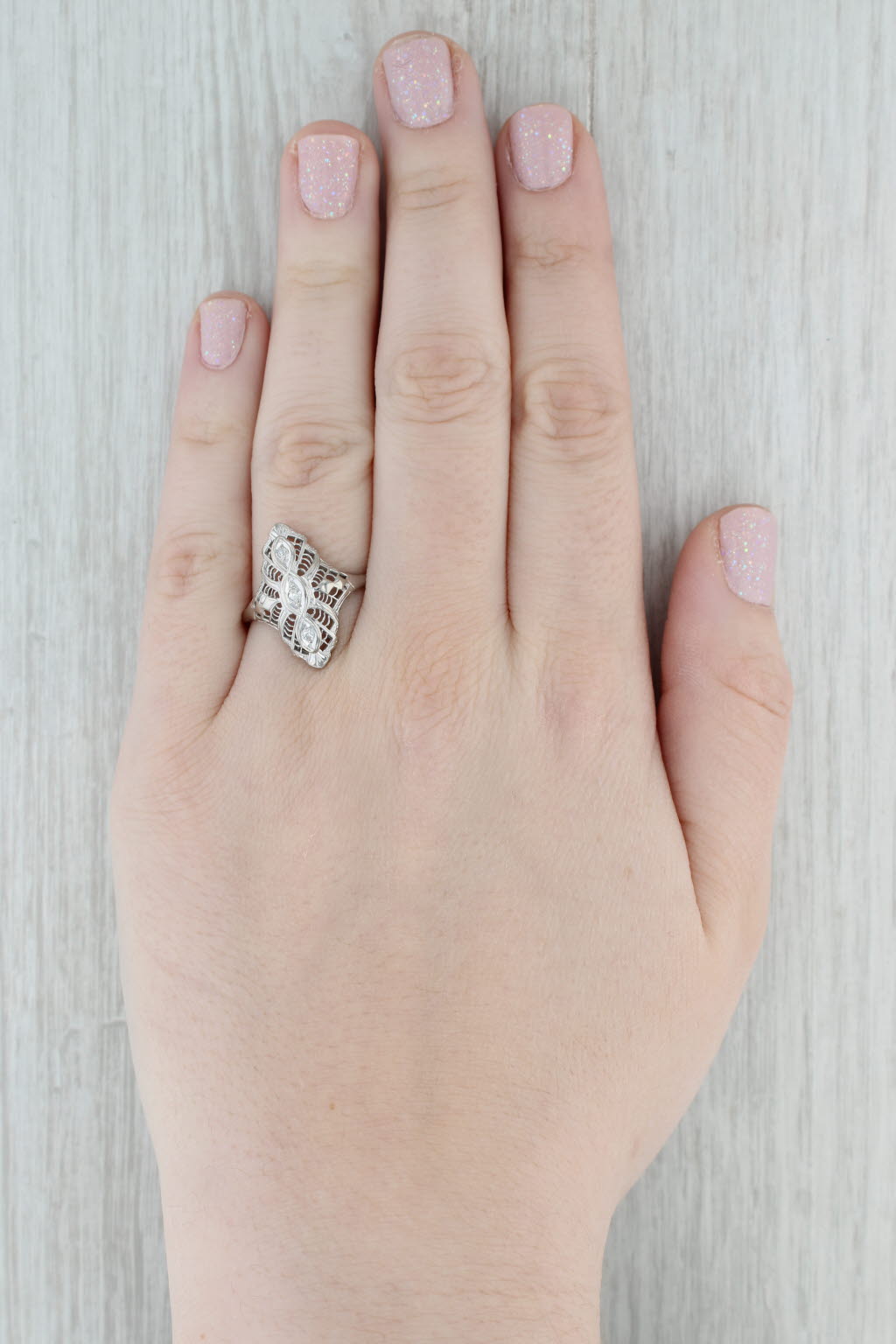 Gray Antique Diamond Filigree Ring 14k White Gold Size 9.5