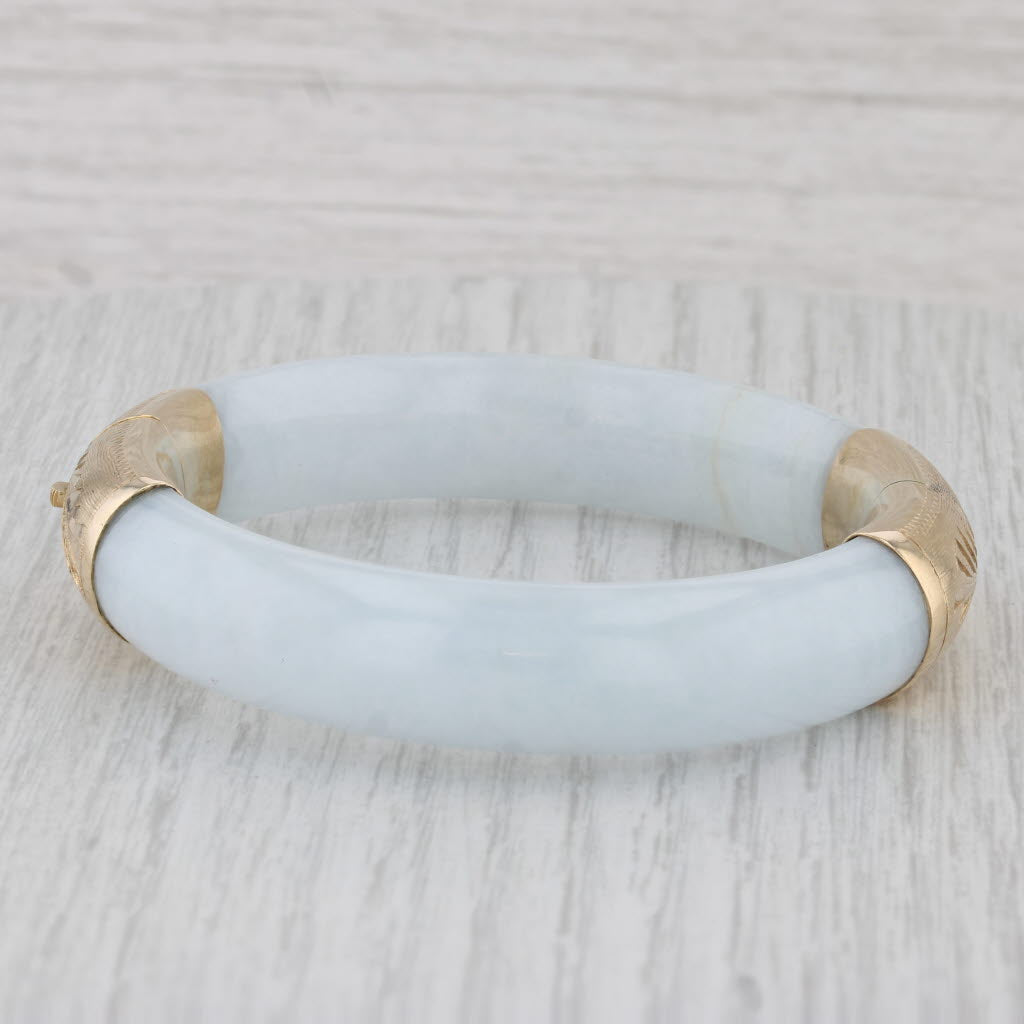 Gray Green Jadeite Jade Bangle Bracelet 14k Yellow Gold Floral Engraved 6.75"