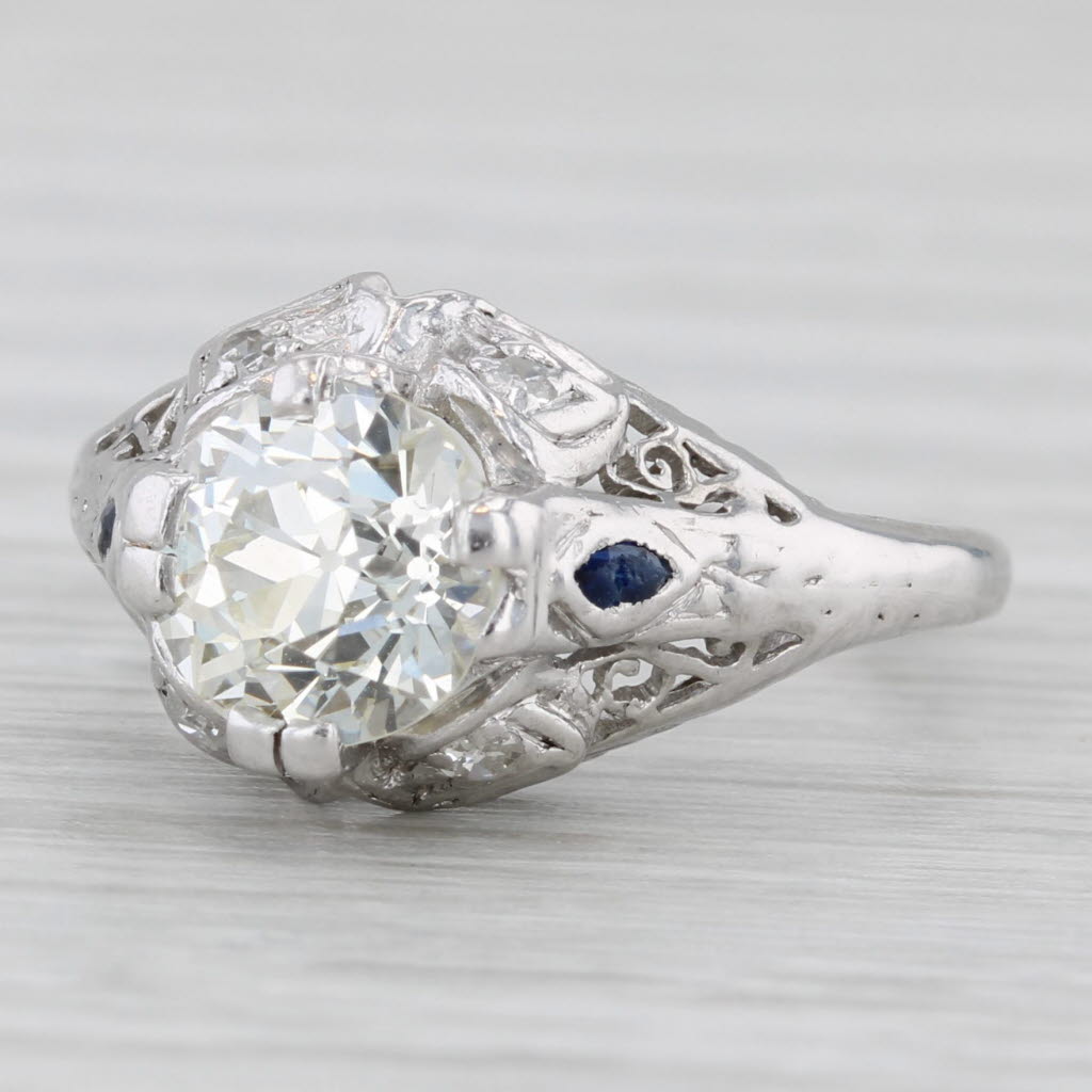 Light Gray 1.46ctw Old Euro Diamond Lab Created Sapphire Art Deco Engagement Ring 18k Gold