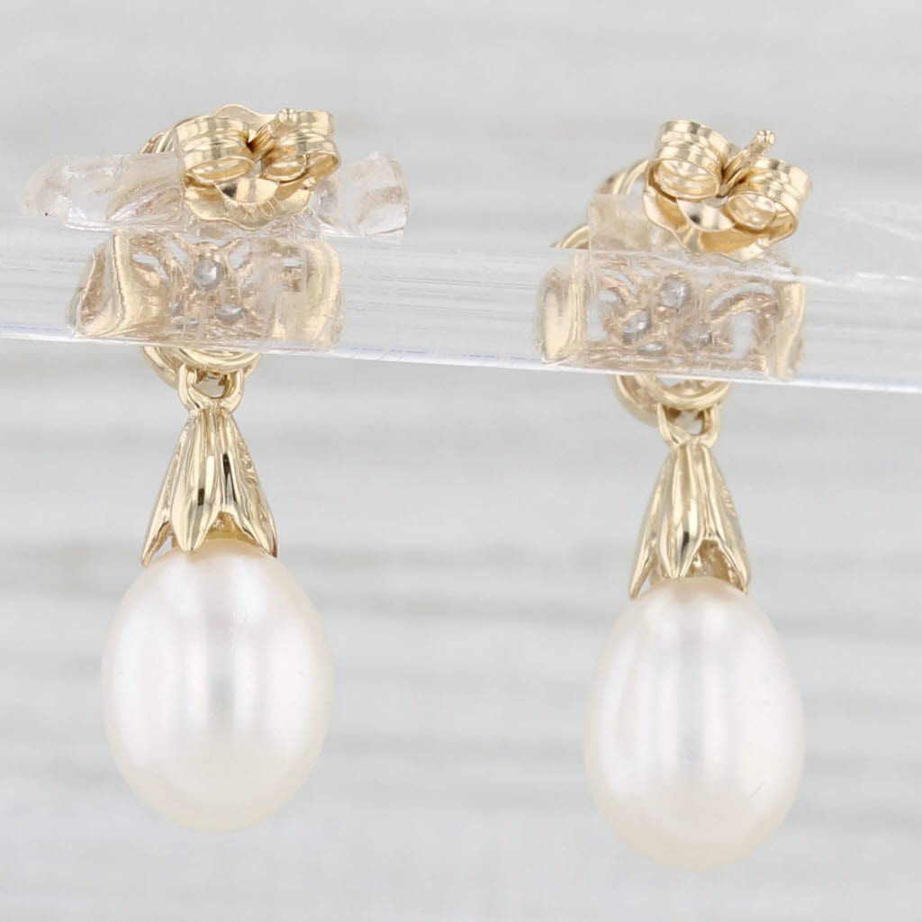 Light Gray Cultured Pearl Diamond Flower Dangle Earrings 10k Yellow Gold Drops