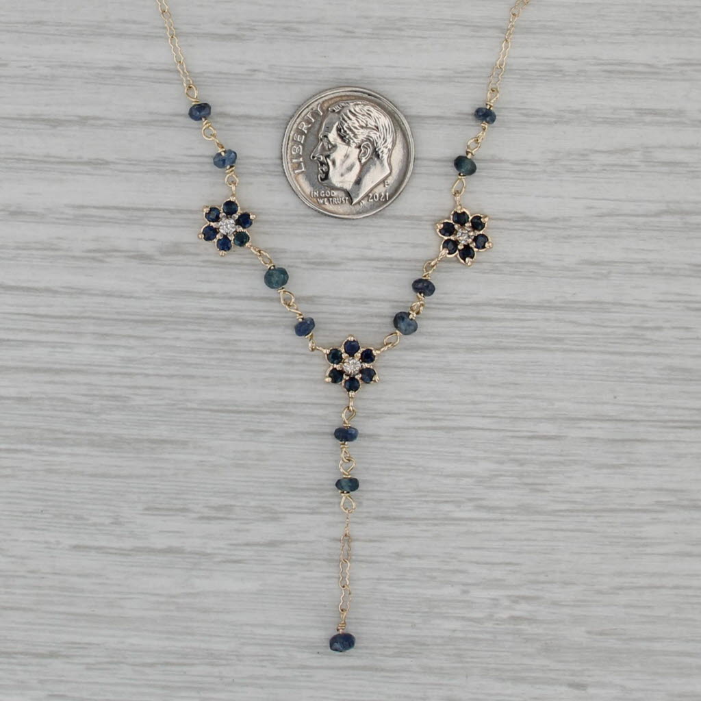 0.70ctw Blue Sapphire Flower Lariat Necklace 14k Gold 17.25" Crinkle Chain