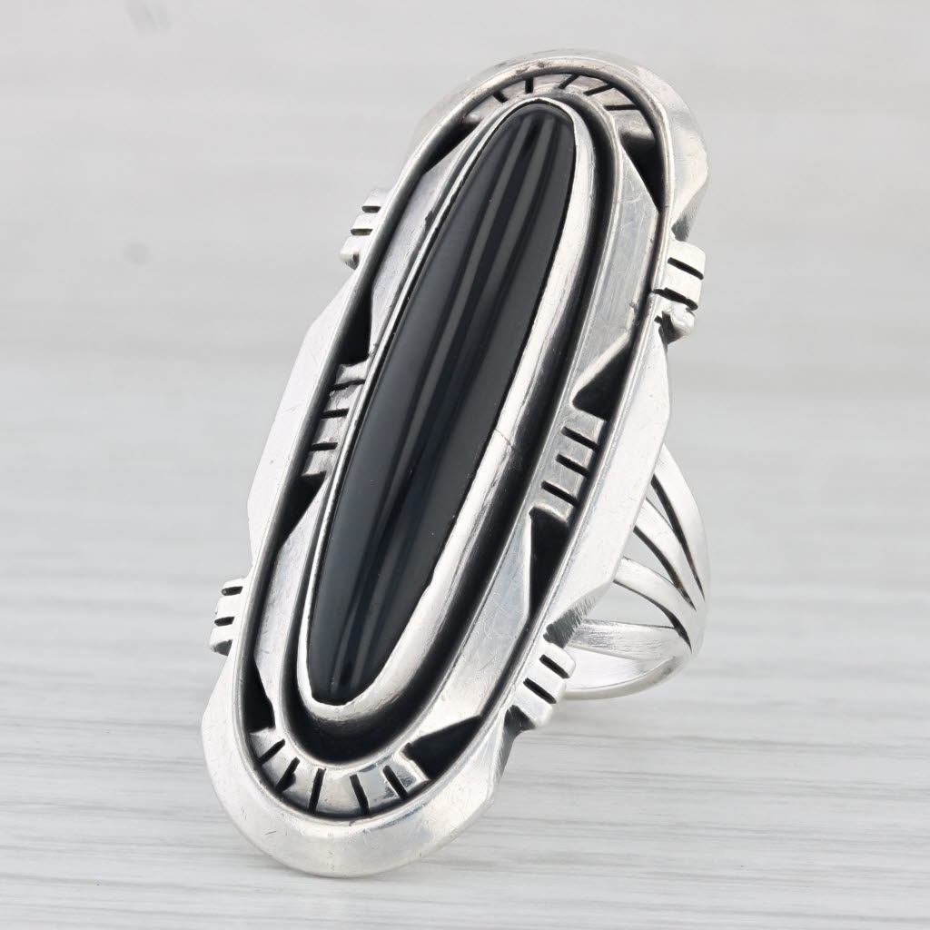 Light Gray Vintage Native American Onyx Ring Sterling Silver Size 6.5 Statement