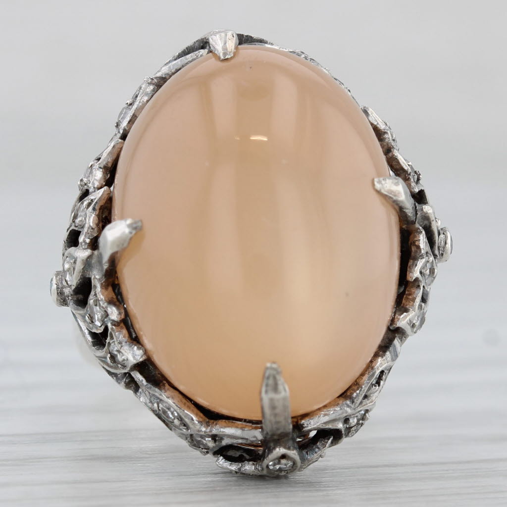 Gray Peach Star Moonstone Diamond Ring 800 Silver Vintage Ornate Size 5 Cocktail