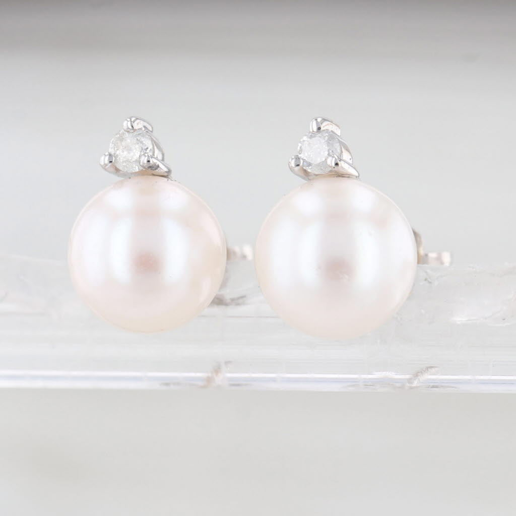 Cultured Pearl Diamond Stud Earrings 14k White Gold 7.1-7.2mm Bead Studs