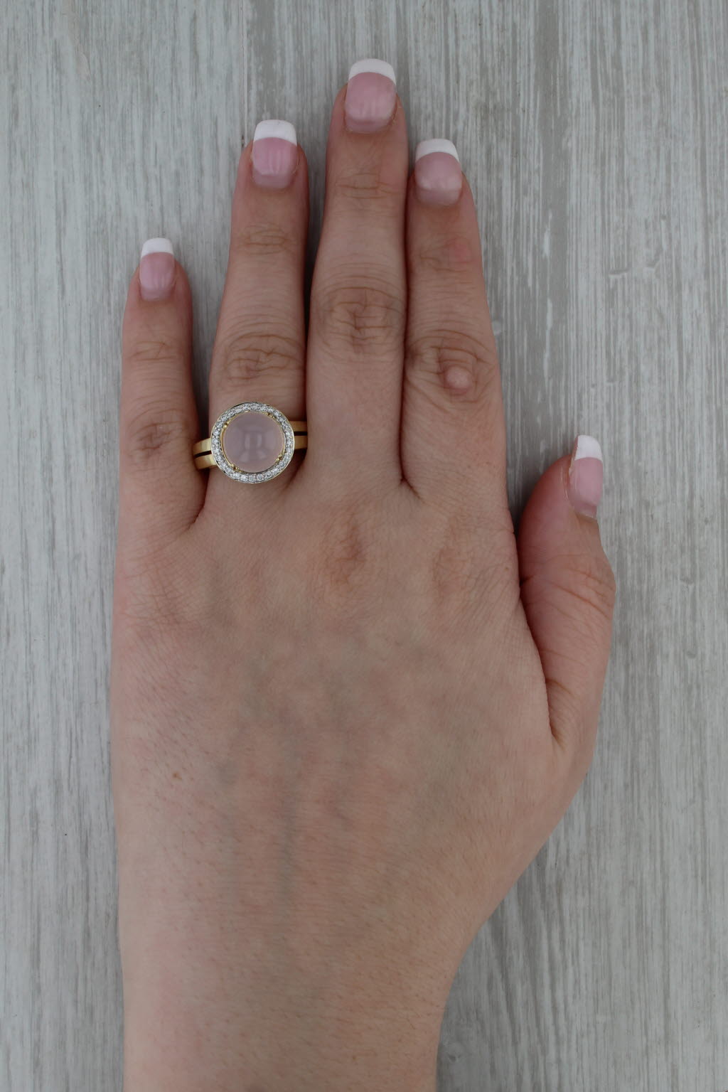 0.38ctw Diamond Halo Rose Quartz Cabochon Ring 18k Yellow Gold Size 7.75