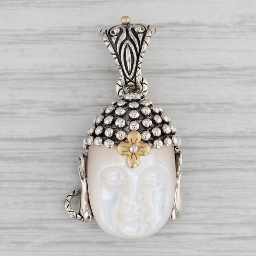 Gray Carved Mother Pearl Buddha Head Pendant Sterling Silver 18k Gold Barbara Bixby
