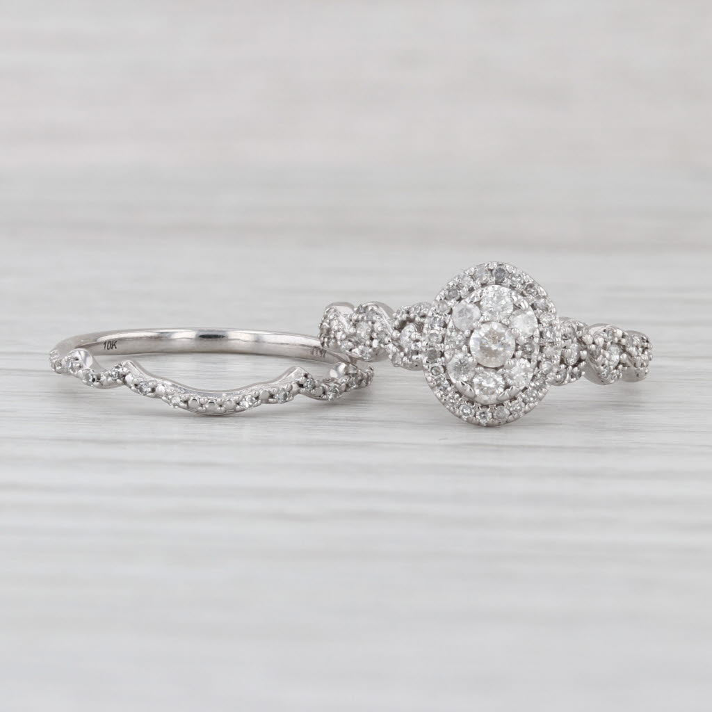 0.44ctw Diamond Cluster Halo Engagement Ring Wedding Band Bridal Set 10k Gold