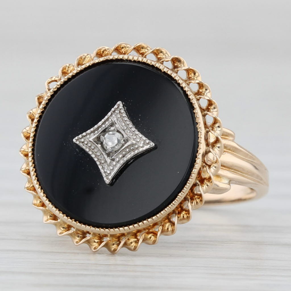 Light Gray Vintage Onyx Diamond Signet Ring 10k Yellow Gold Size 4.75