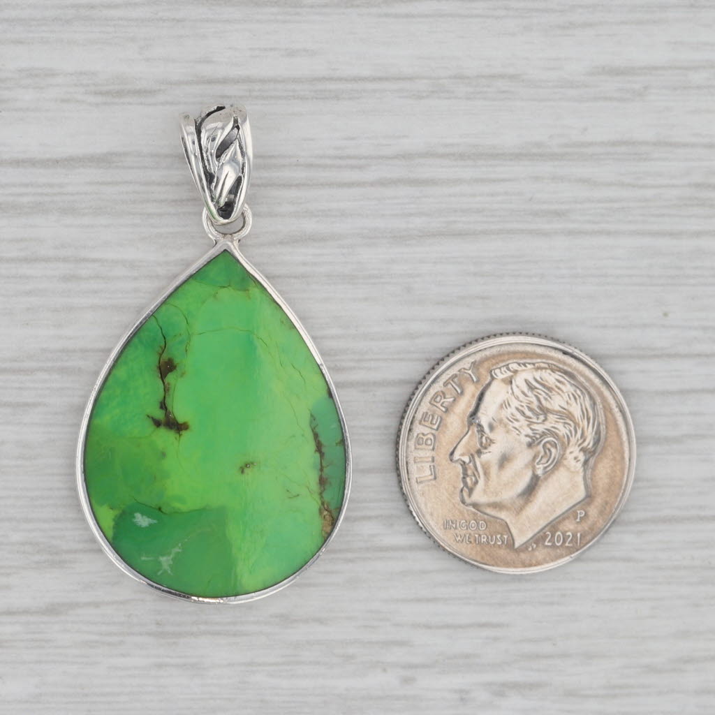 Gray Floral Green Turquoise Teardrop Pendant Sterling Silver