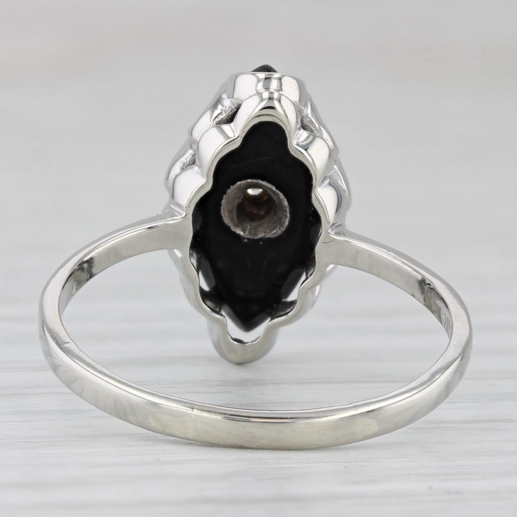 Light Gray Navette Onyx Diamond Signet Ring 10k White Gold Size 8.75