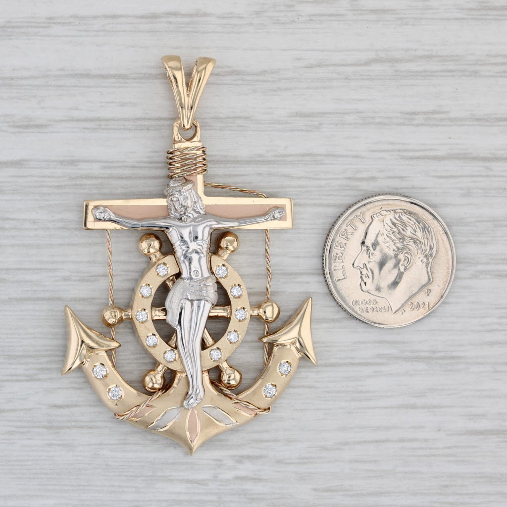 Gray Cubic Zirconia Crucifix Anchor Mariners Cross Pendant 14k Gold tri-toned