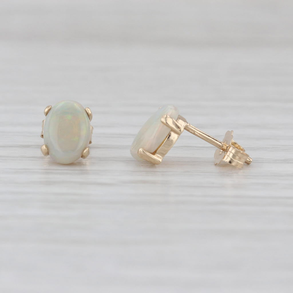 Opal Stud Earrings 14k Yellow Gold Oval Cabochon Solitaire Studs