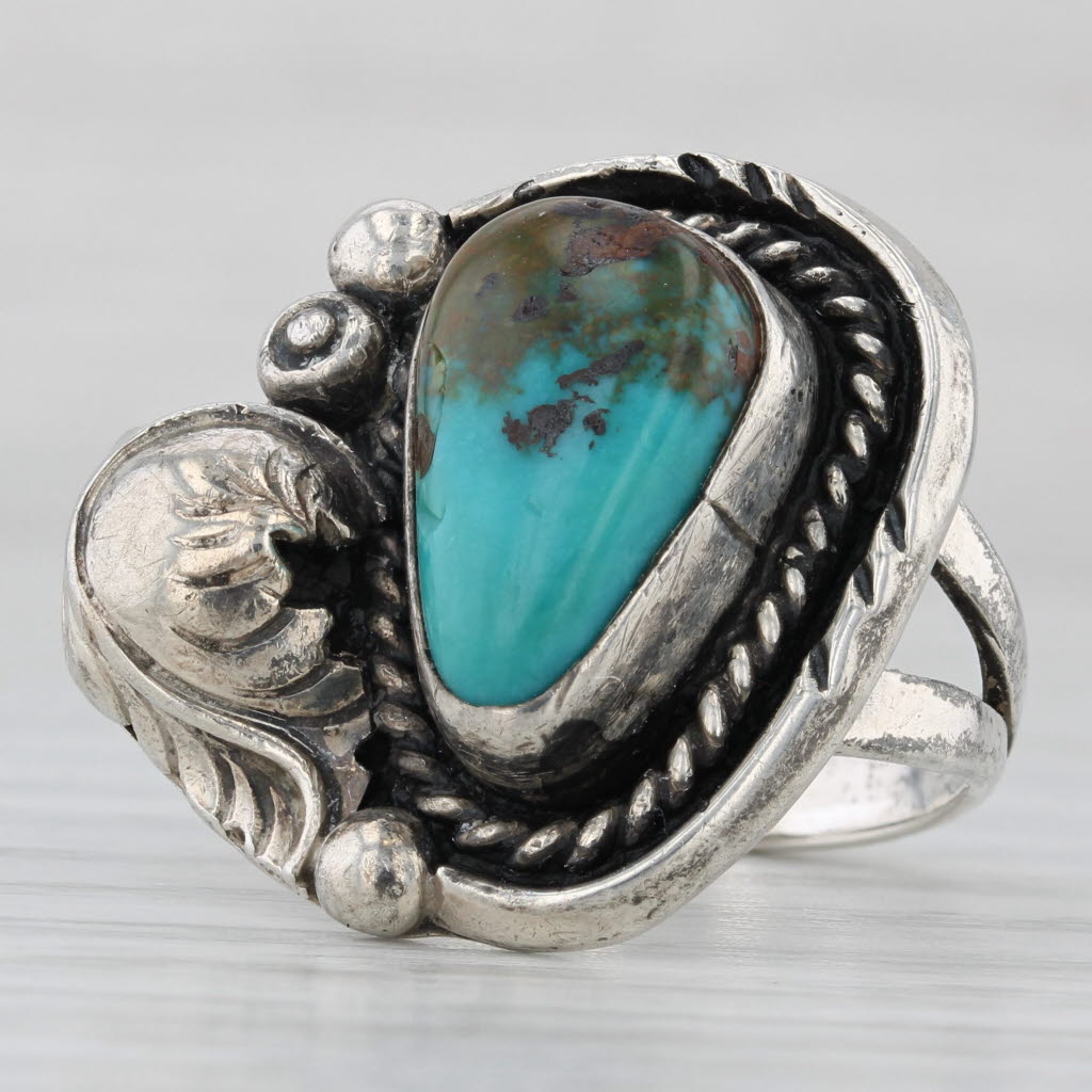 Light Gray Large Native American Turquoise Feather Ring Sterling Silver Size 6 Statement