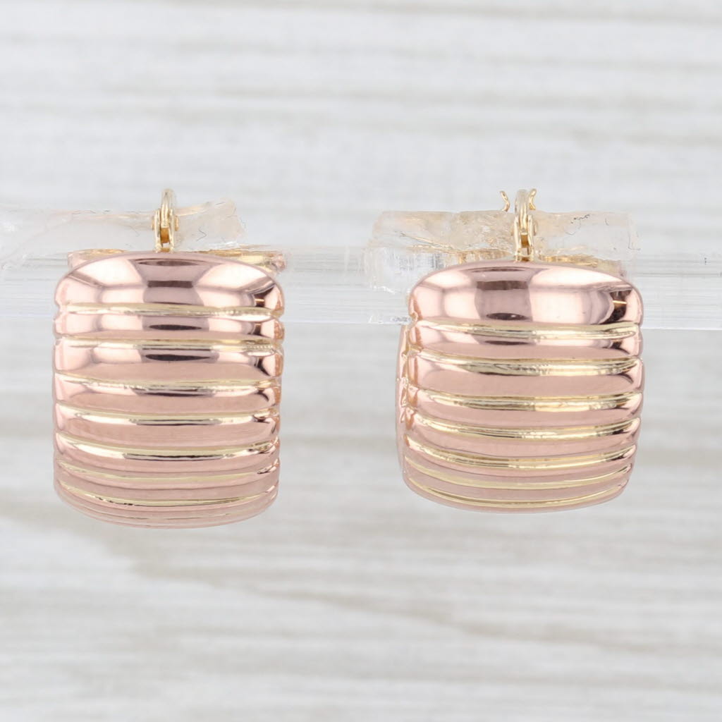 Light Gray Beveled Gold Hoop Earrings 14k Yellow Rose Snap Top Pierced