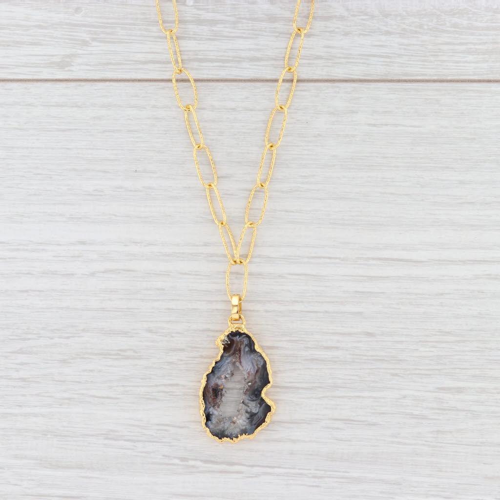 New Nina Wynn Druzy Geode Quartz Pendant Necklace Sterling Gold Vermeil 21"