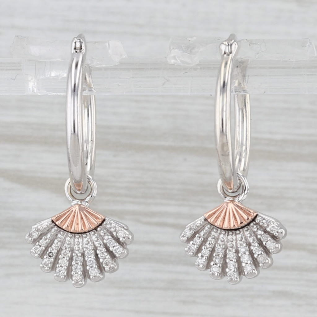 Light Gray Disney Diamond Fan Charm Hoop Earrings 10k Rose Gold Sterling Silver Round Hoops