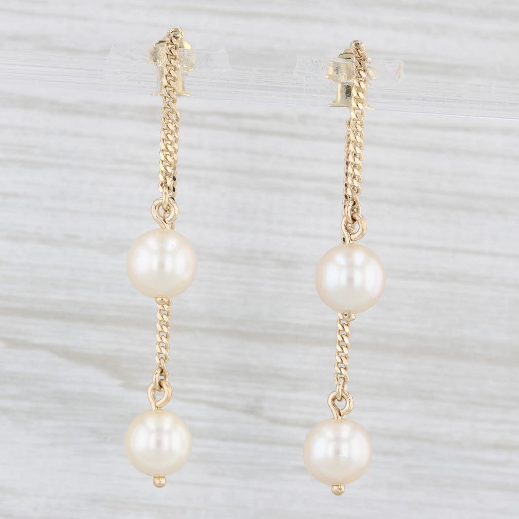 Light Gray Cultured Pearl Chain Dangle Earrings 18k Yellow Gold Round Beads