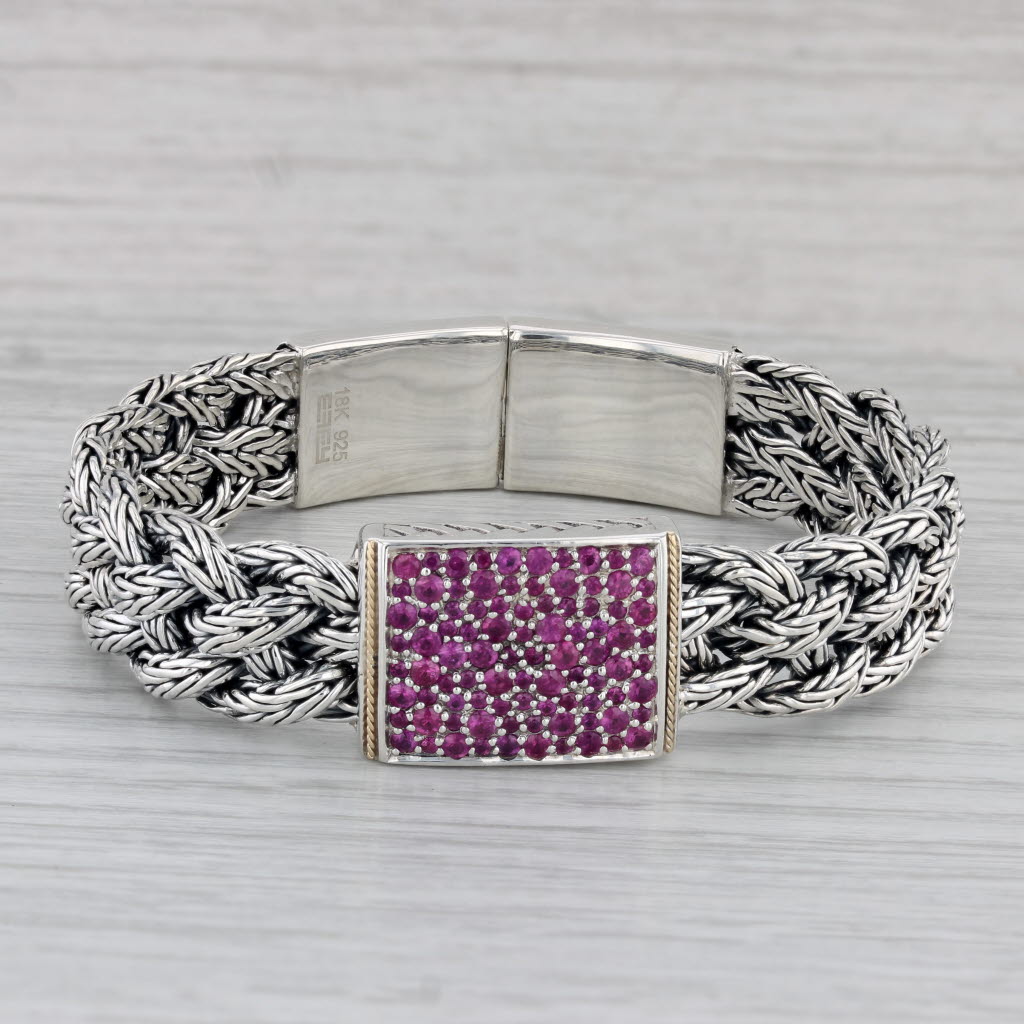 Gray Effy 2.25ctw Pink Sapphire Woven Bangle Bracelet Sterling Silver 18k Gold 7"