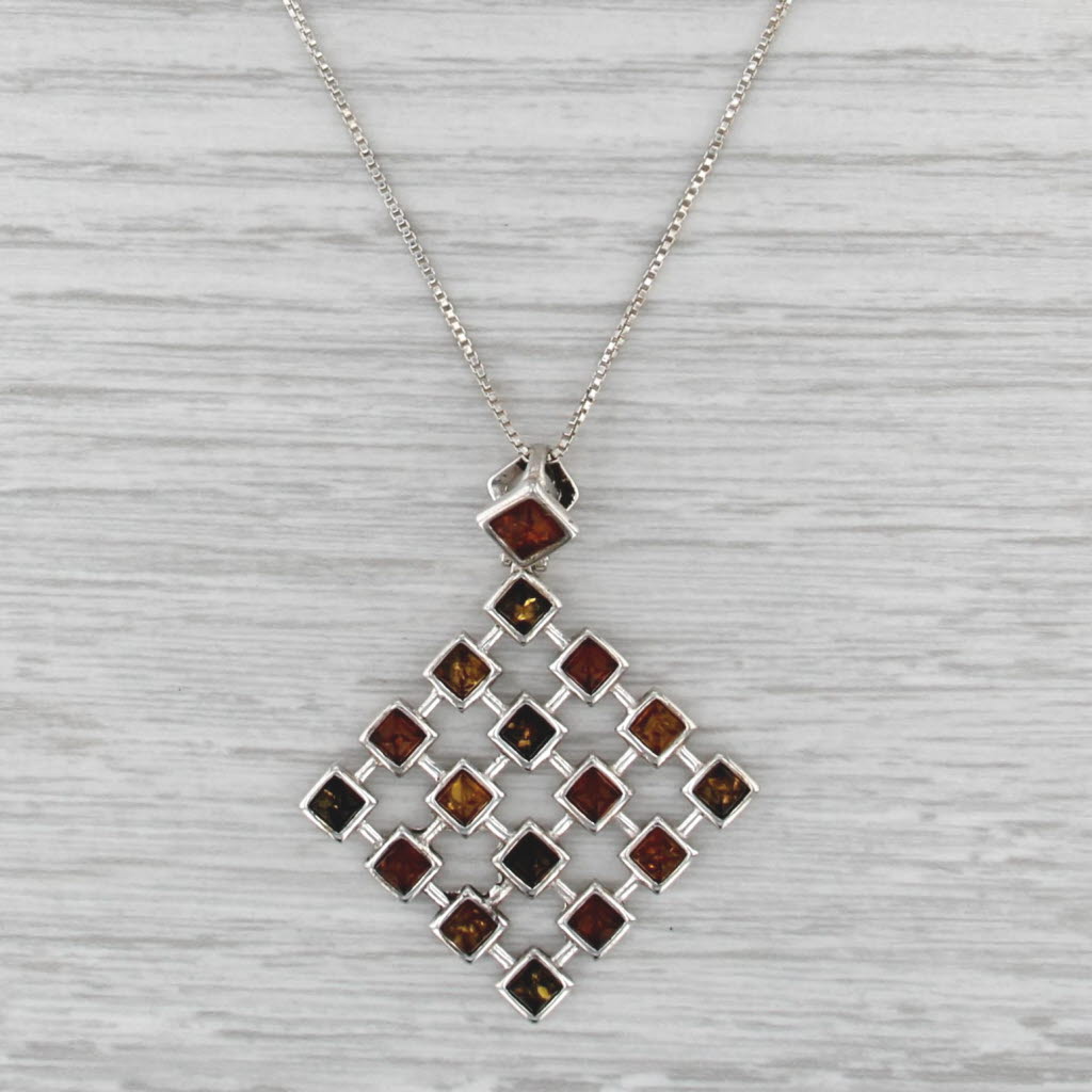 Multicolor Amber Pendant Necklace Sterling Silver 18" Box Chain Statement