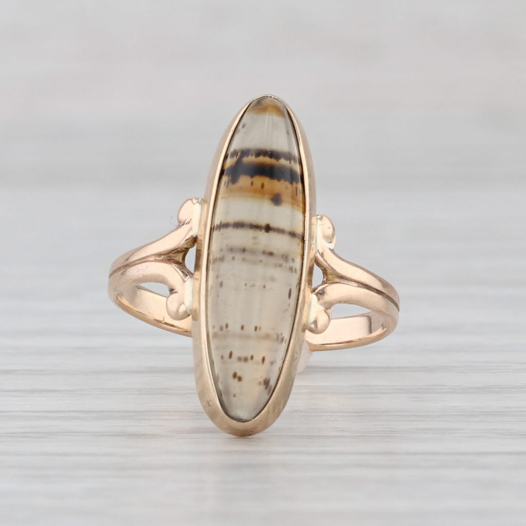 Vintage Montana Agate Cabochon Ring 10k Yellow Gold Size 6 Oval Solitaire