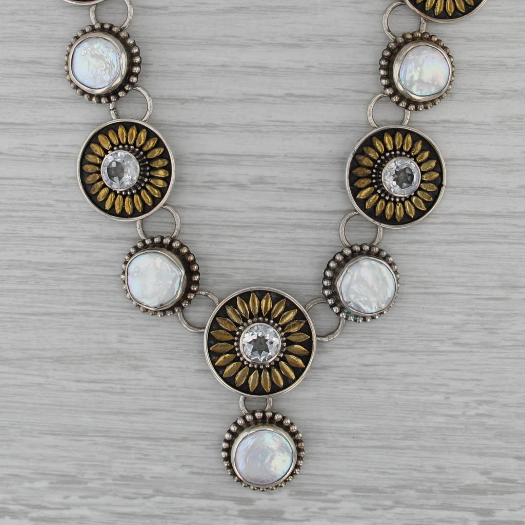 The Dreamer White Topaz Cultured Button Pearl Circle Link Necklace Silver Brass