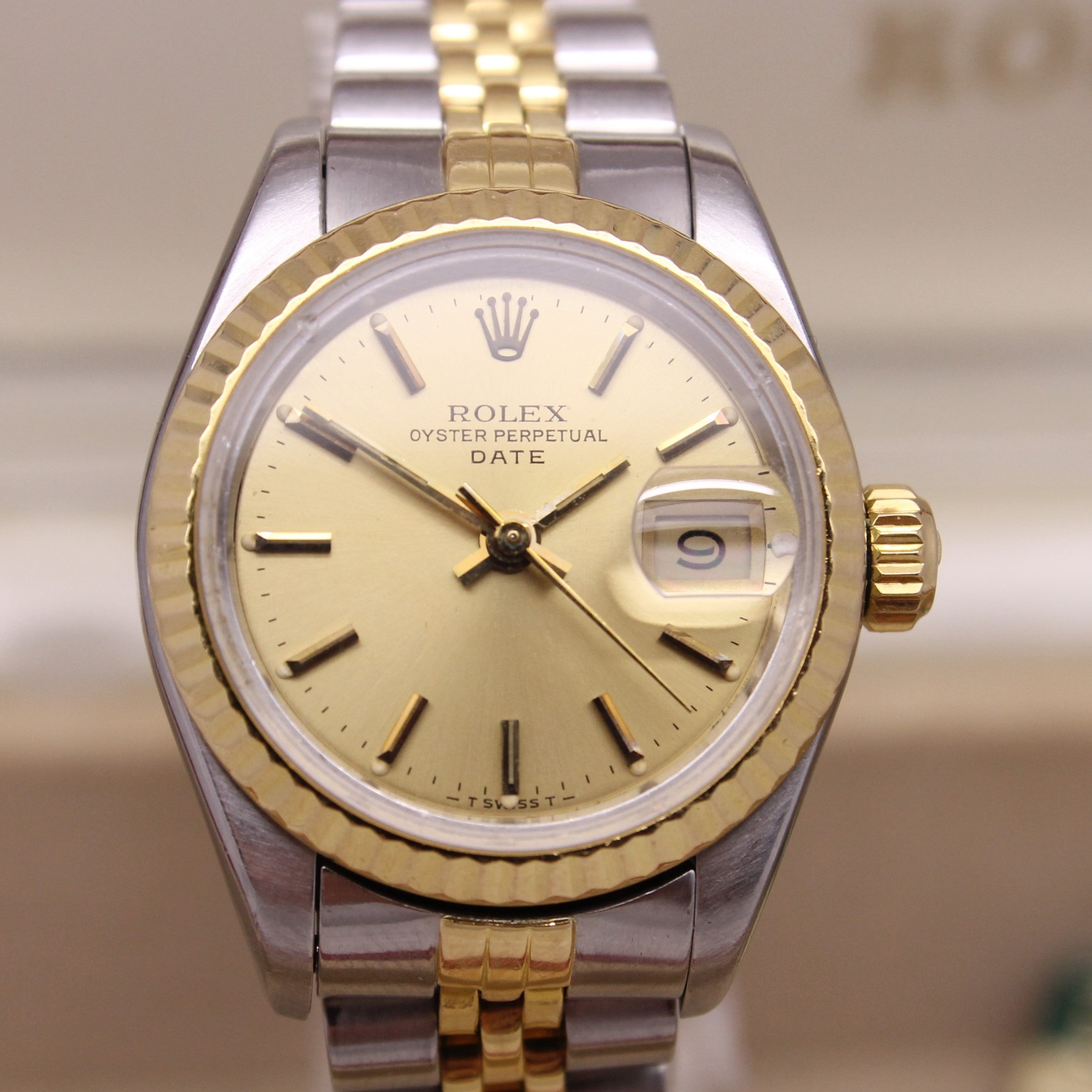 Rosy Brown Vintage 1984 Rolex Date 69173 Ladies SS 18k Automatic Watch Jubilee Box & Tag