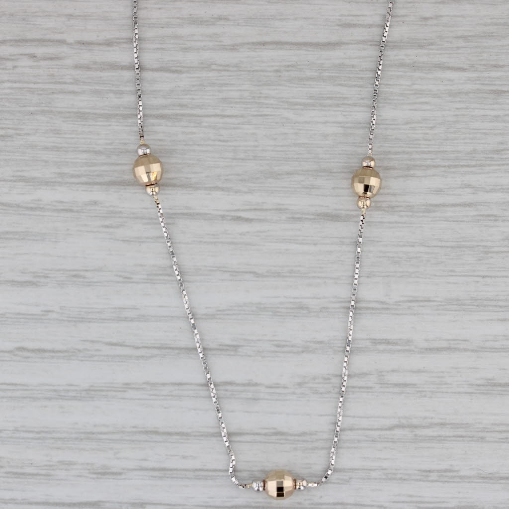 Gray Disco Ball Bead Station Necklace 14k White Yellow Gold 18" Box Chain