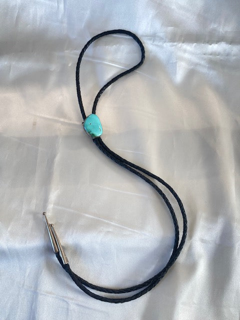 Turquoise Slide Bolo Tie Sterling Silver Vintage Native American Leather Cord