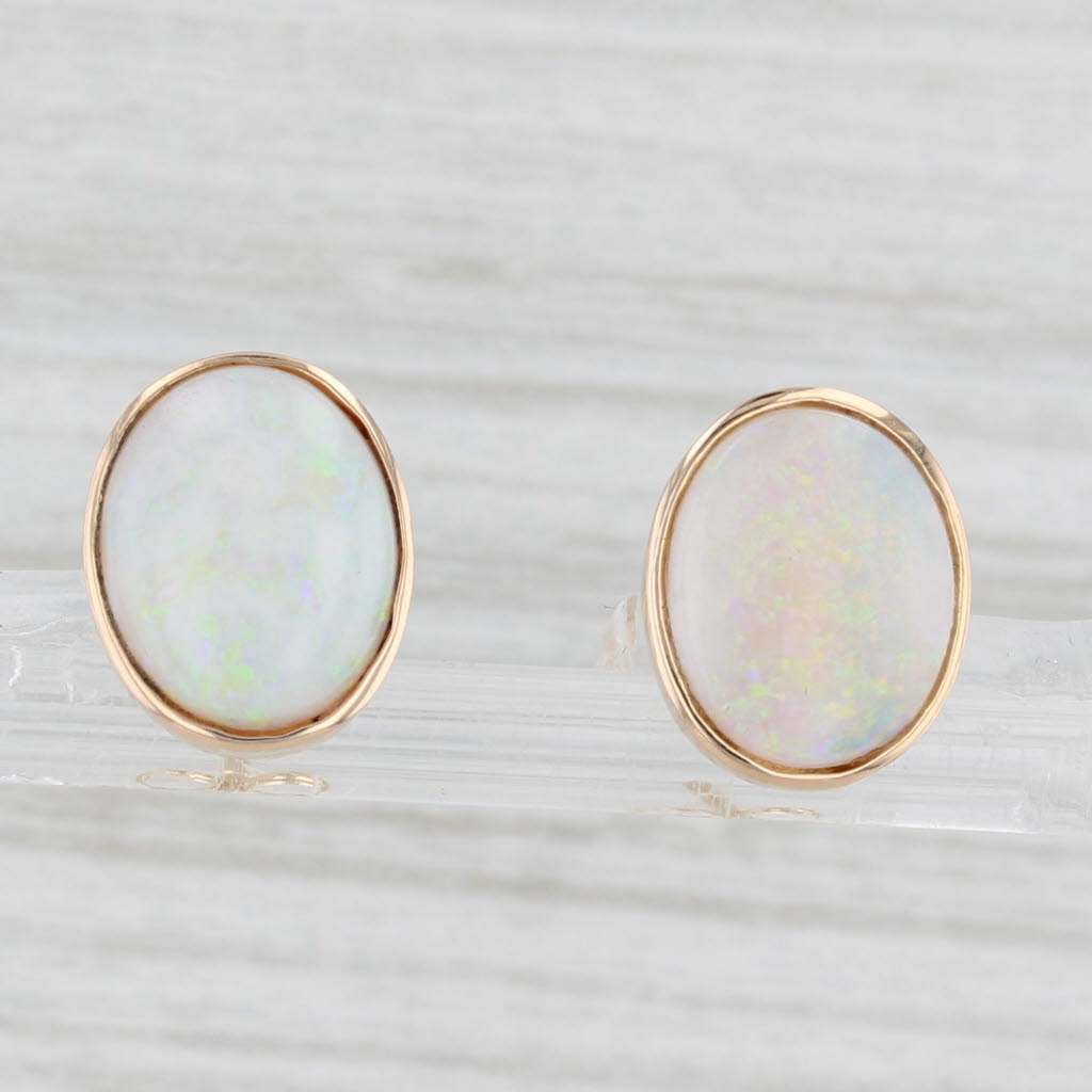 Light Gray Vintage Oval Cabochon Opal Stud Earrings 14k Yellow Gold