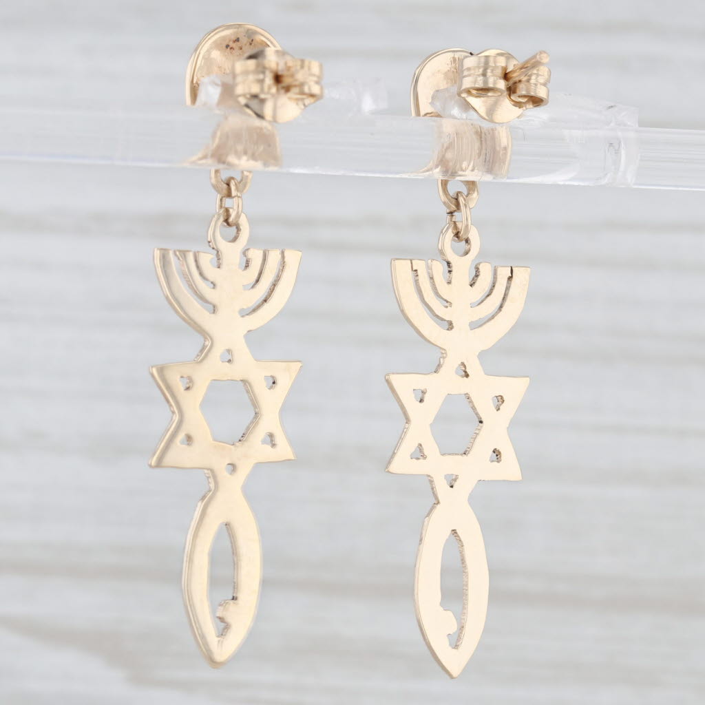 Light Gray Hebrew Judaica Dangle Earrings 14k Yellow Gold Menorah Star of David Fish