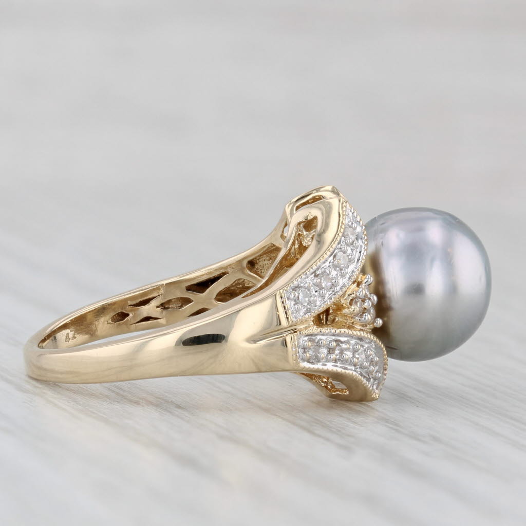 Light Gray Gray Dyed Cultured Pearl Diamond Ring 14k Yellow Gold Size 6.5