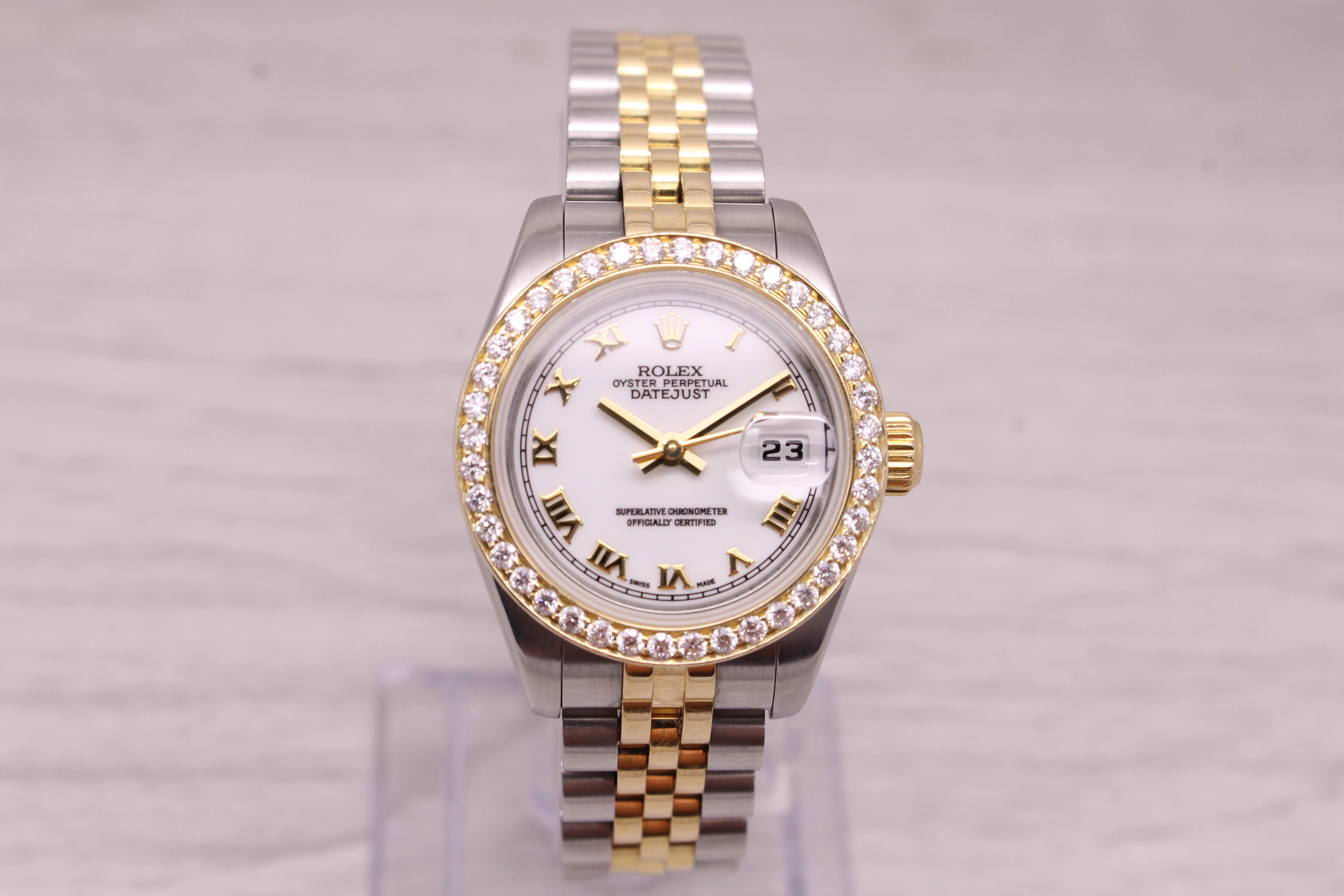 Gray 2005 Rolex Datejust Ladies 26mm 179173 18k SS Jubilee President & Diamond Bezel