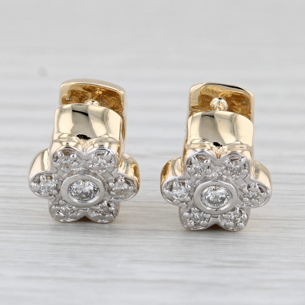 Light Gray 0.38ctw Diamond Flower Huggie Small Hoop Earrings 14k Yellow Gold Snap Top