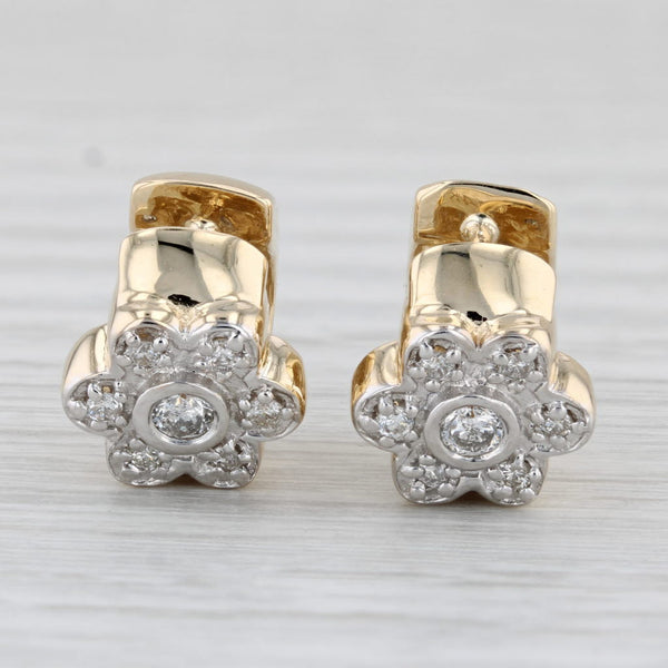 0.38ctw Diamond Flower Huggie Small Hoop Earrings 14k Yellow Gold Snap Top