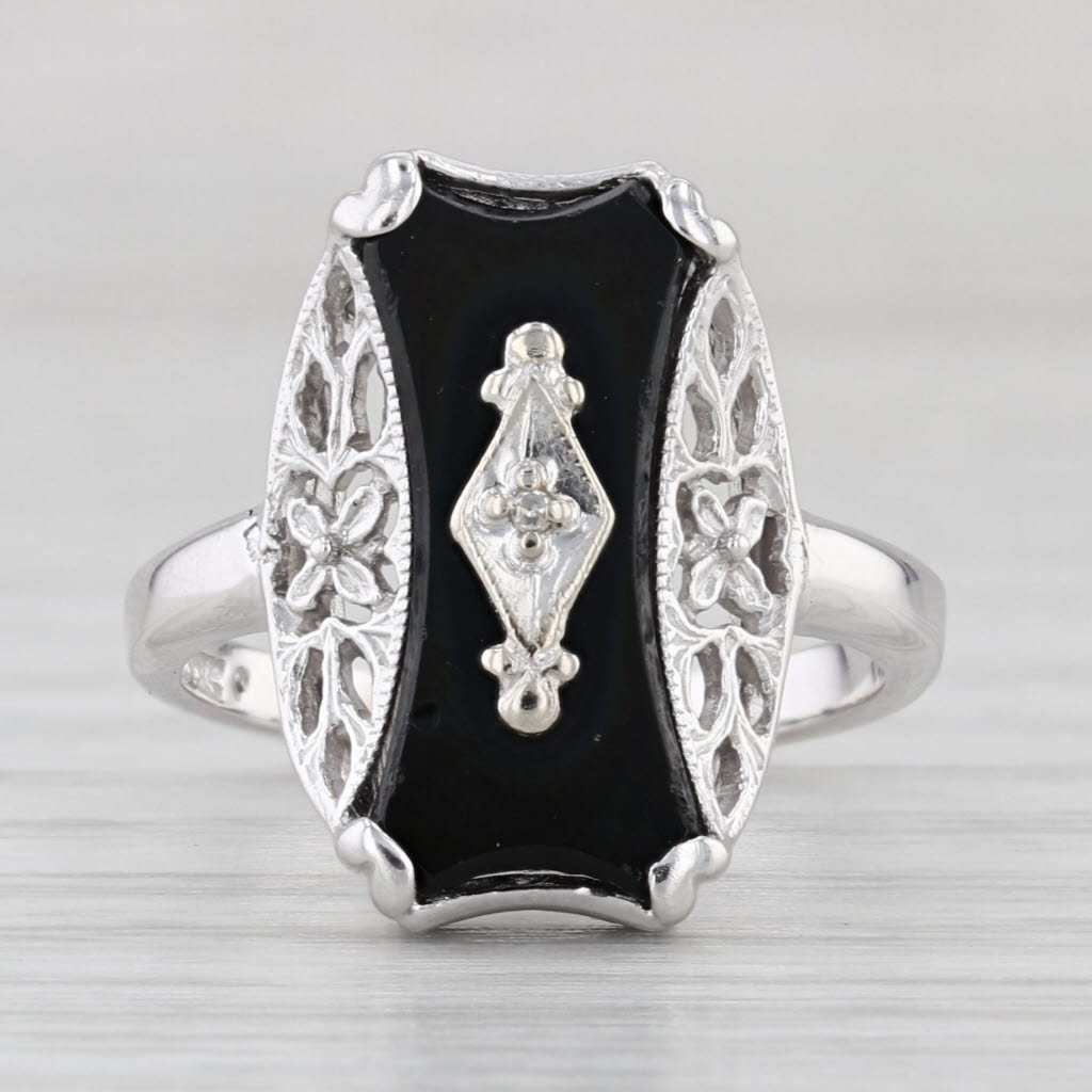 Onyx Diamond Floral Filigree Ring 10k White Gold Size 6 Vintage Signet