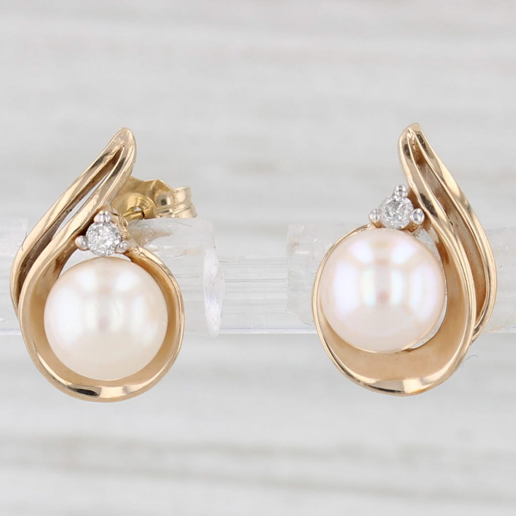 Light Gray Cultured Pearl Diamond Teardrop Stud Earrings 10k Yellow Gold