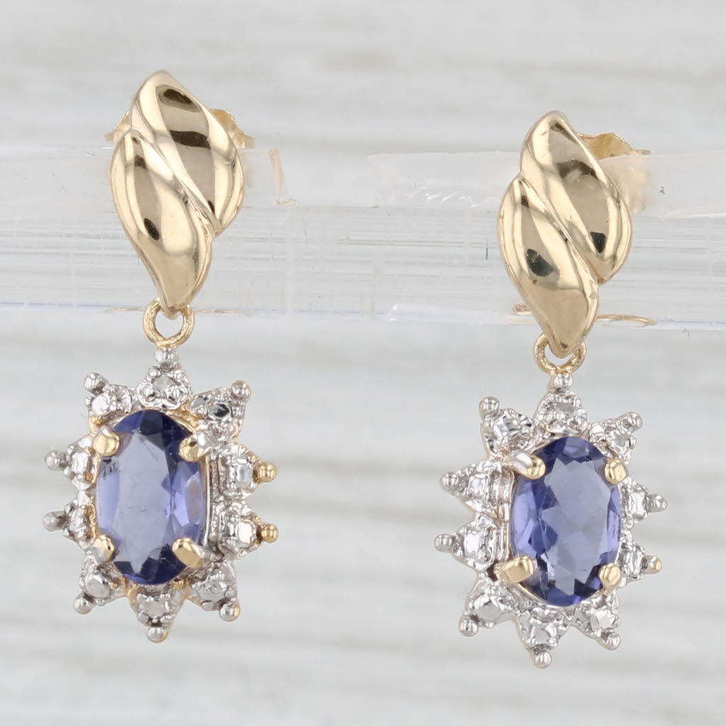 0.59ctw Blue Iolite Diamond Drop Earrings 14k Yellow Gold