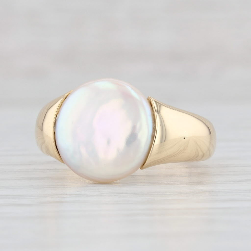 Light Gray Yuel Cultured Button Pearl Solitaire Ring 18k Yellow Gold Size 7