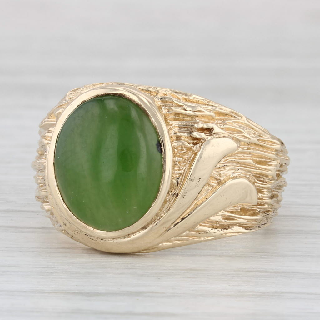 Light Gray Green Nephrite Jade 10k Yellow Gold Size 8.5 Woodgrain Band Oval Cabochon