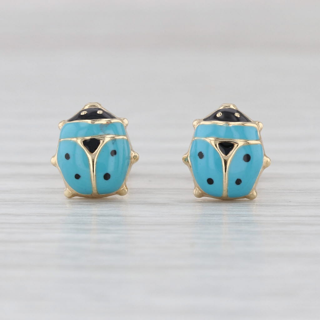 Blue Ladybug Stud Earrings 14k Yellow Gold Resin Small Studs Good Luck