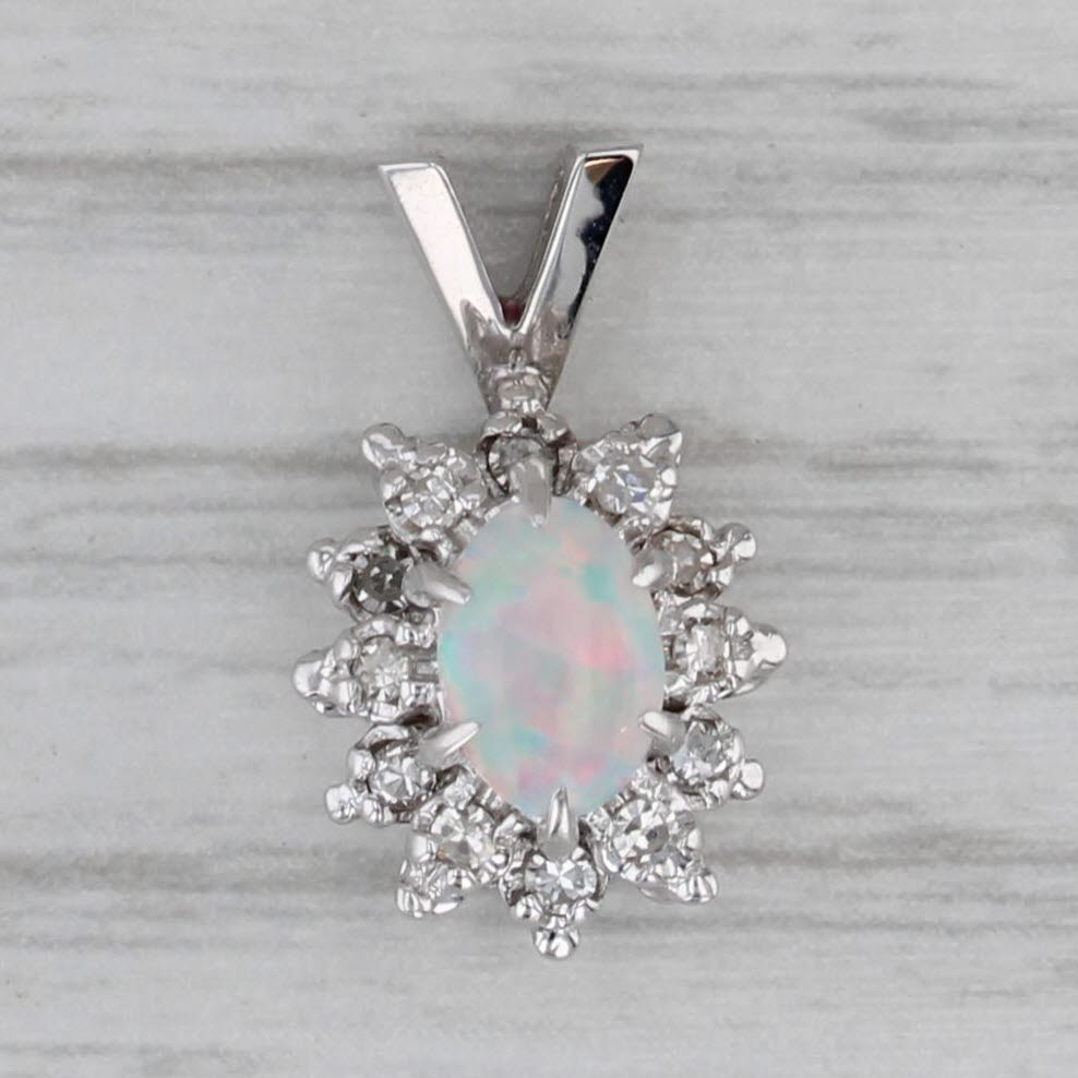 Gray Opal Diamond Halo Pendant 14k White Gold Small Drop