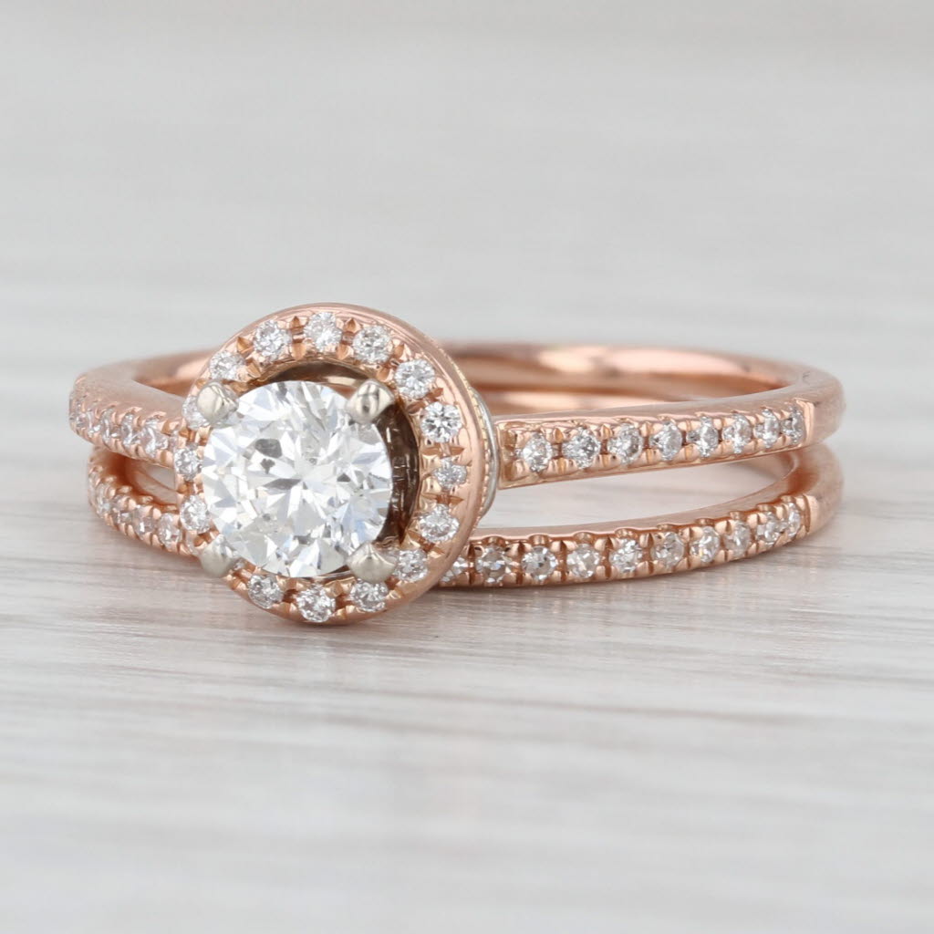 0.64ctw Round Diamond Halo Engagement Ring Wedding Band Bridal Set 10k Rose Gold