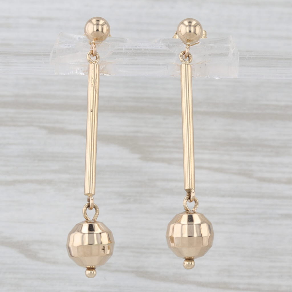 Disco Ball Bead Dangle Earrings 14k Yellow Gold Bar Drops
