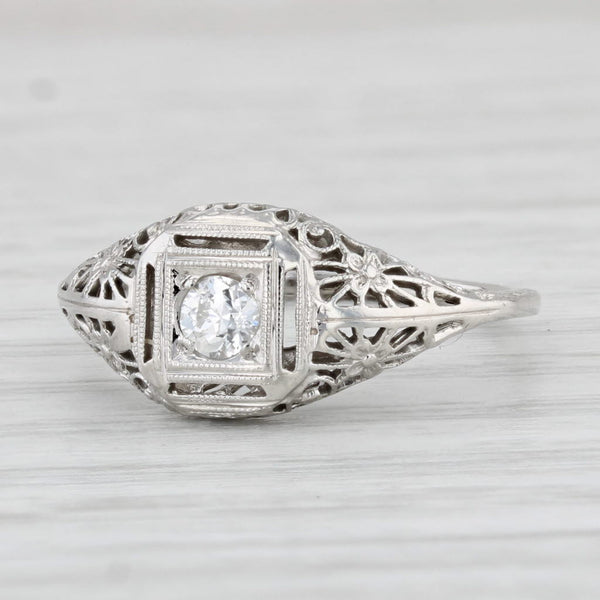 Art Deco Diamond Solitaire Engagement Ring 18k White Gold Filigree Size 5.5