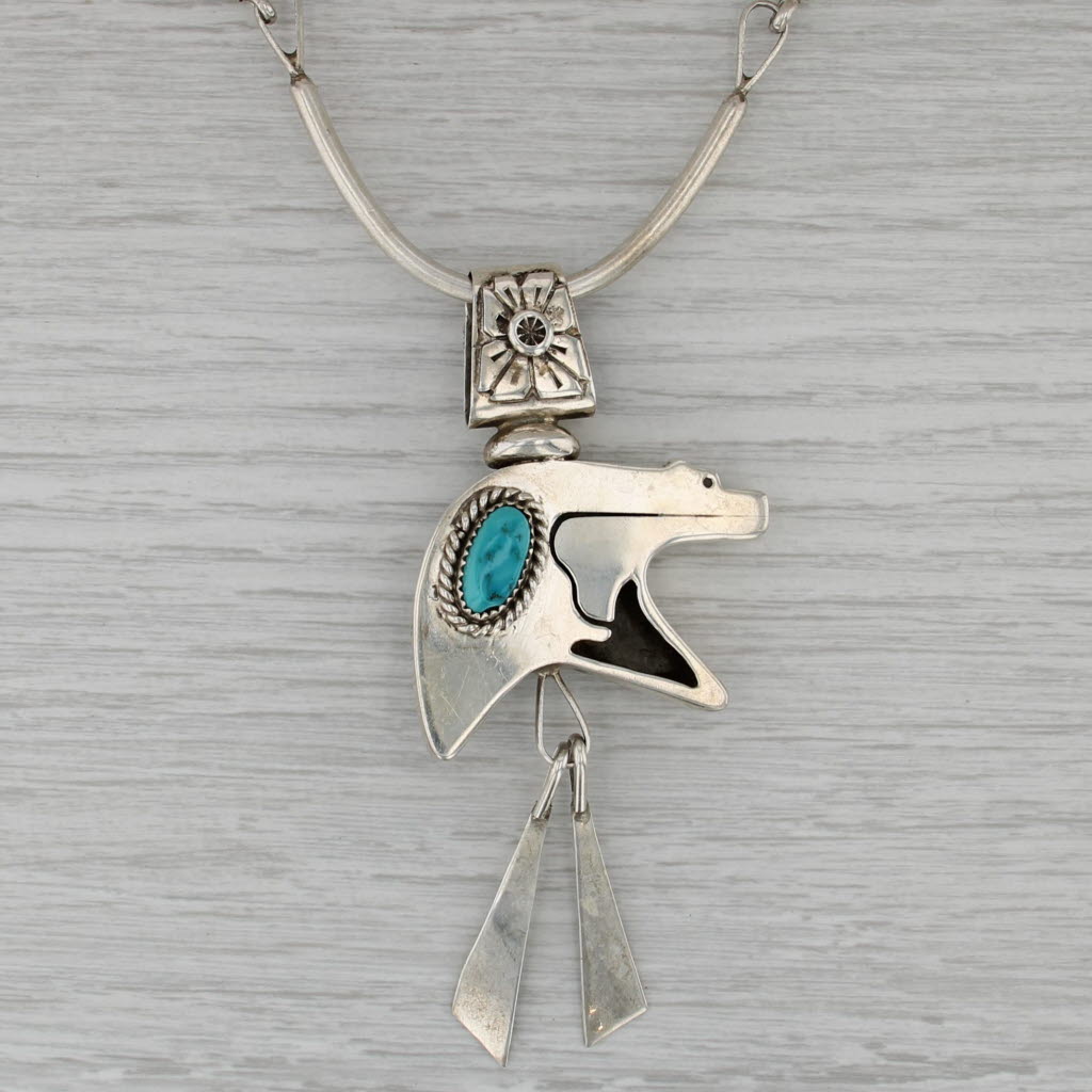 Jeff Jackson Navajo Native American Bear Necklace Turquoise Sterling Silver 25"