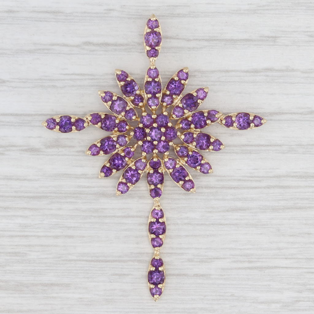 3.50ctw Amethyst Starburst Cluster Cross Pendant 14k Yellow Gold