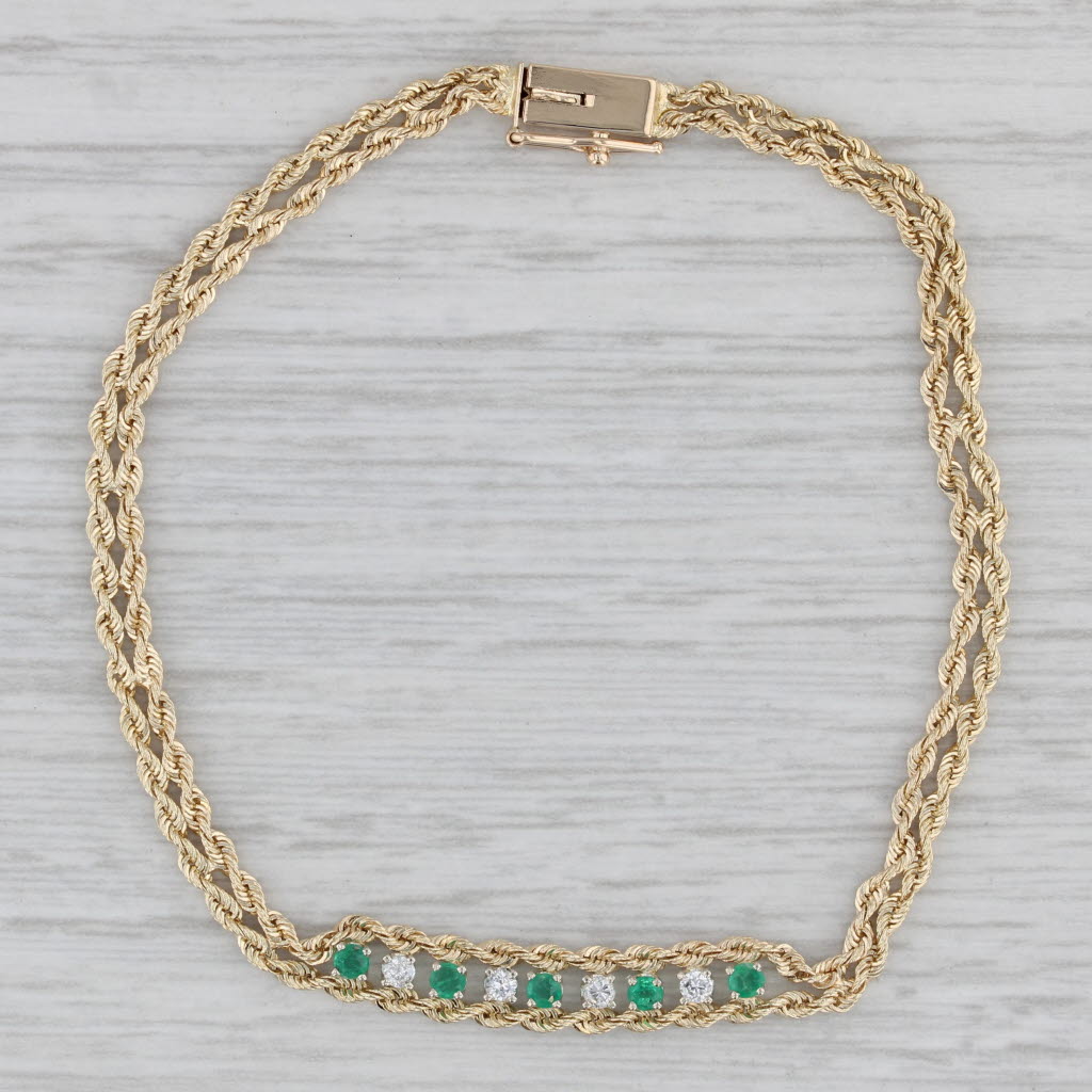 Gray 0.30ctw Emerald Diamond Rope Chain Bracelet 14k Yellow Gold 7"